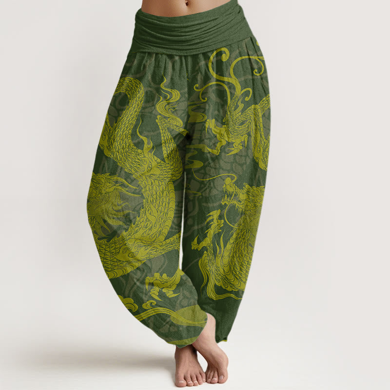 Dragon Auspicious Clouds Women's Elastic Waist Harem Pants