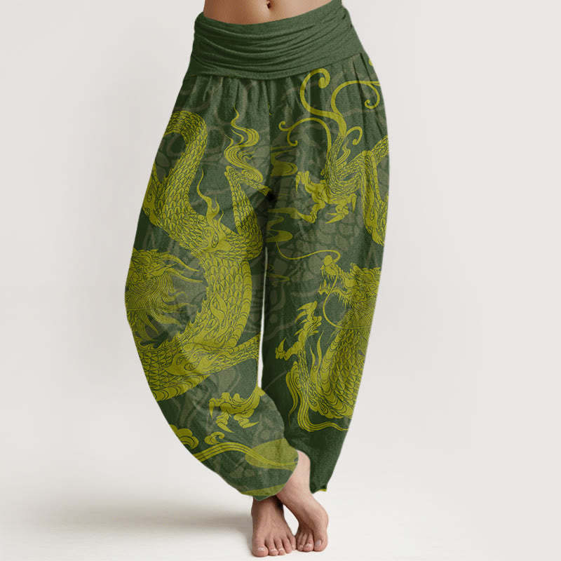 Dragon Auspicious Clouds Women's Elastic Waist Harem Pants