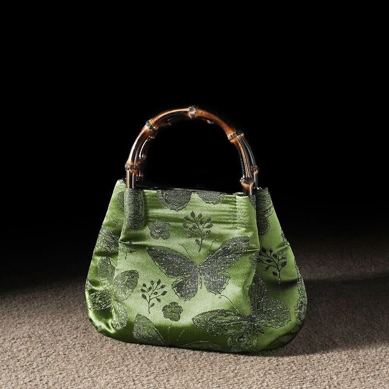Jacquard Flowers Butterfly Bamboo Handle Metal Chain Crossbody Bag Hangbags