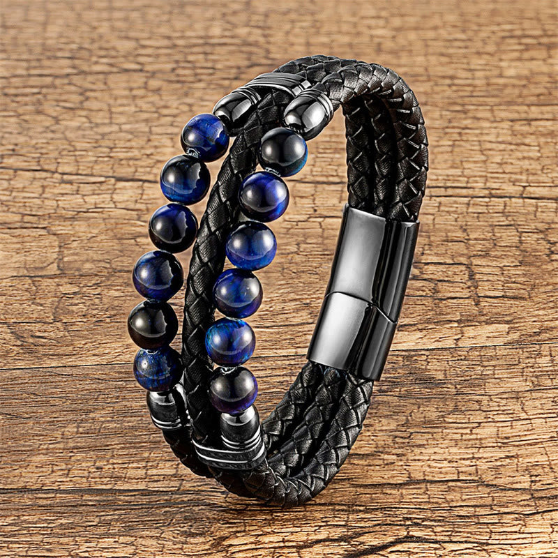 Tiger Eye Hematite Lava Rock Black Onyx Lazurite Beads Protection Strength Leather Bracelet