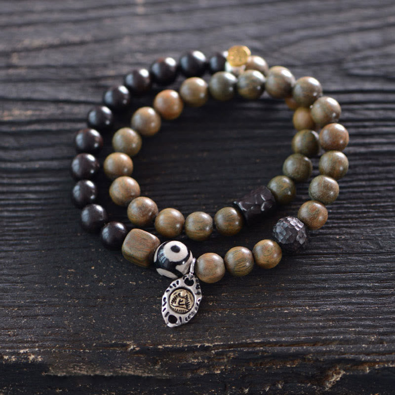 Tibetan Green Sandalwood Ebony Wood Three-eyed Dzi Bead Fu Character Balance Peace Double Wrap Bracelet