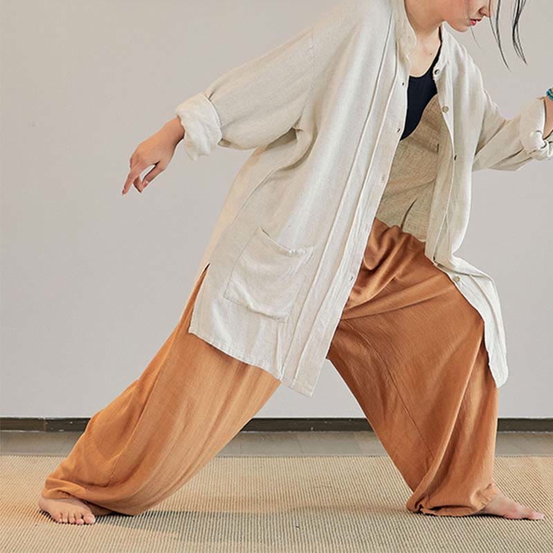 Plain Long Sleeve Coat Jacket Top Wide Leg Pants Zen Tai Chi Yoga Meditation Clothing