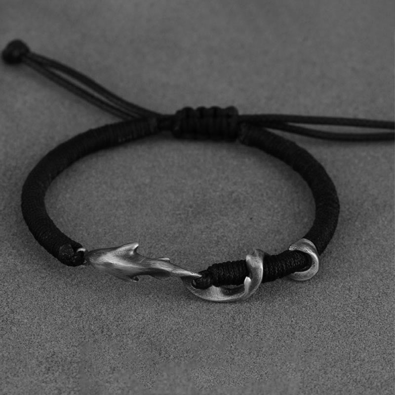 999 Sterling Silver Shark Black Wax Rope Protection Bracelet