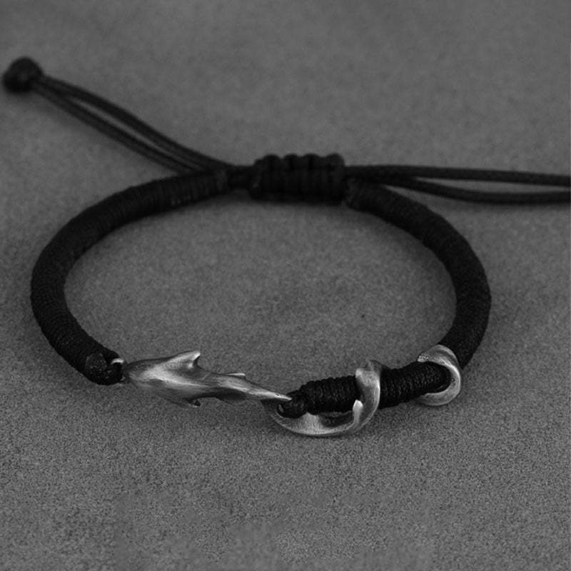 999 Sterling Silver Shark Black Wax Rope Protection Bracelet