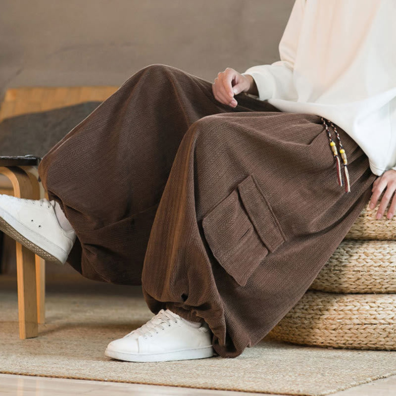 Fall Winter Men's Drawstring Chenille Corduroy Cargo Pants With Pockets