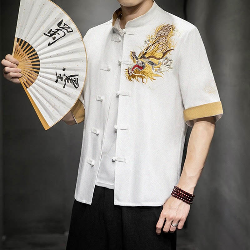 Frog-Button Chinese Dragon Auspicious Cloud Embroidery Half Sleeve Shirt Cotton Linen Men Clothing