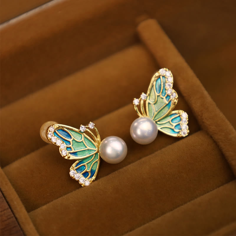 925 Sterling Silver Posts 18K Gold Plated Copper Natural Pearl Butterfly Healing Stud Earrings