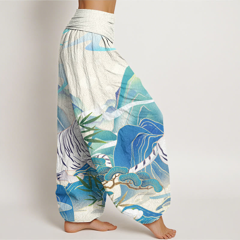 Casual White Tiger Mountain Waves Women's Elastic Waist Harem Pants