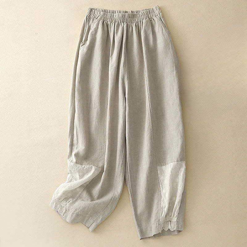 Casual Embroidery Patchwork Fabric 7-8 Length Cropped Pants Women's Cotton Harem Pants With Pockets