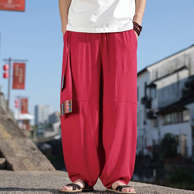 Simple Patchwork Design Drawstring Cotton Men's Wide Leg Pants With Pockets