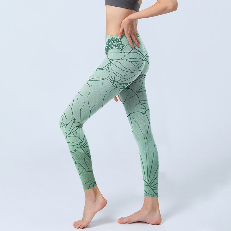 Green Lotus Flower Print Sports Leggings Women's Yoga Pants