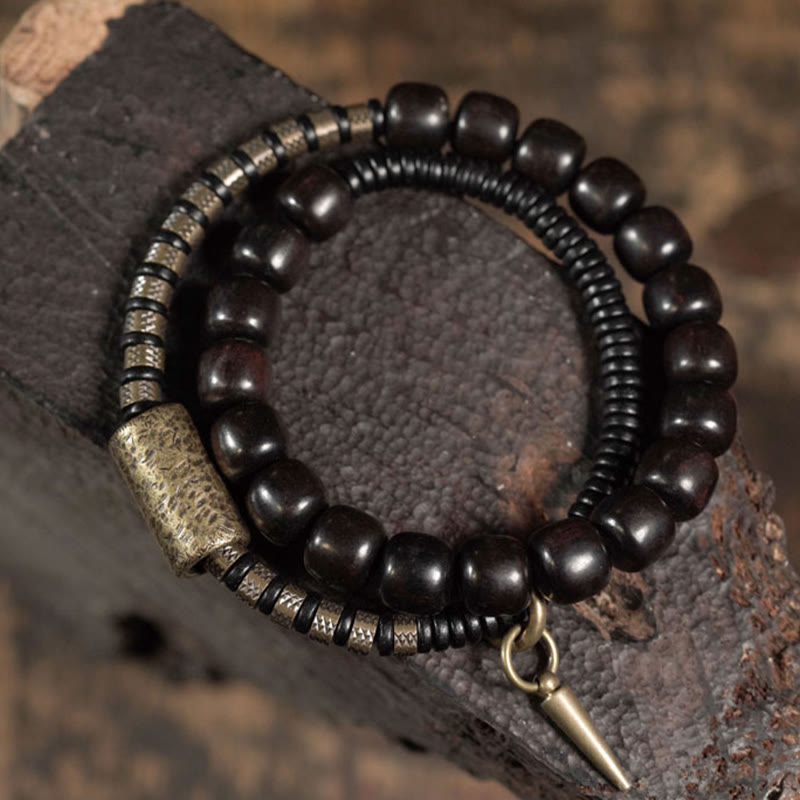 Ebony Wood Copper Brass Vintage Bead Cone Double Wrap Balance Bracelet