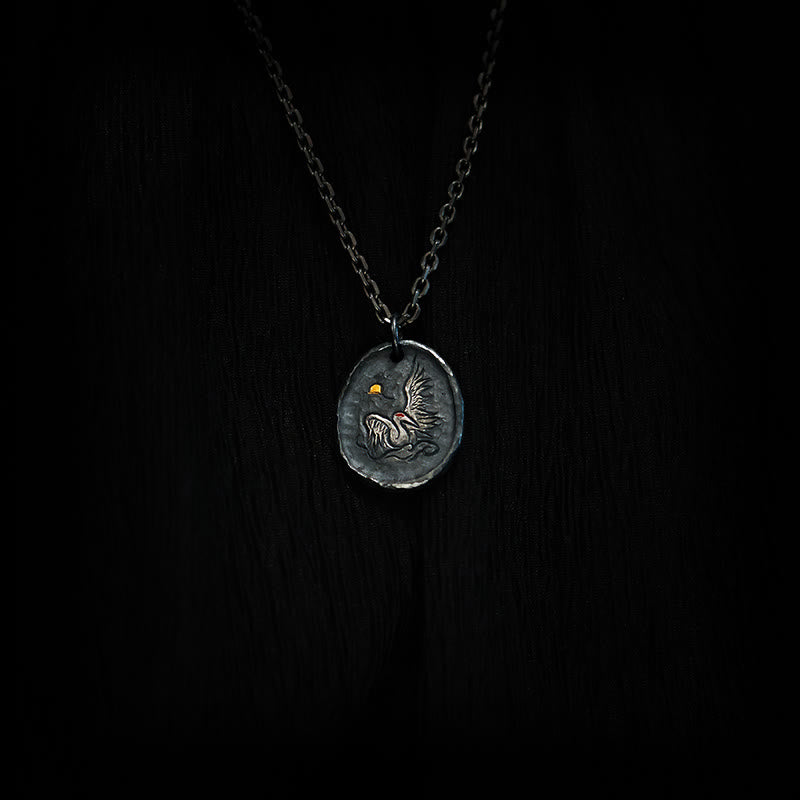 999 Sterling Silver 24k Gold Crane Auspicious Clouds Balance Necklace Pendant