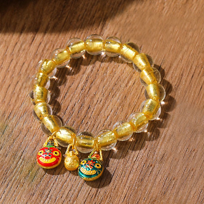 Gold Swallowing Beast Family Charm Gold Foil Liuli Glass Bead Fortune Bracelet