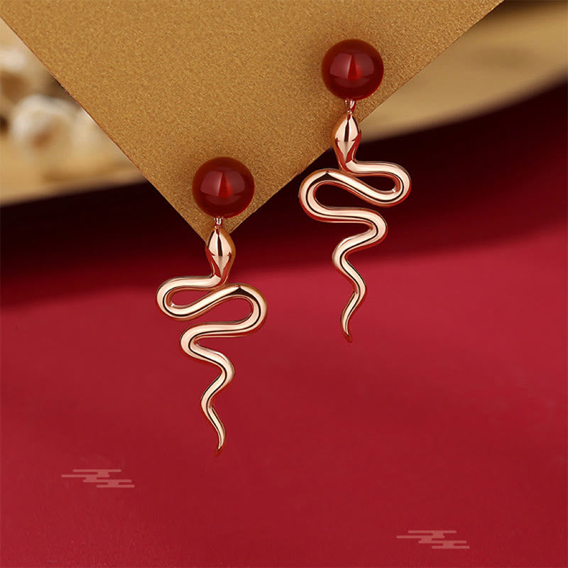 925 Sterling Silver Red Agate Chalcedony Year Of The Snake Blessing Earrings