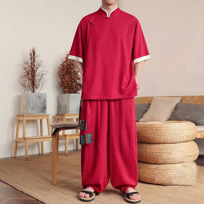 2Pcs Chinese Frog-button Men's Shirt Wide Leg Pants Meditation Cloth Set