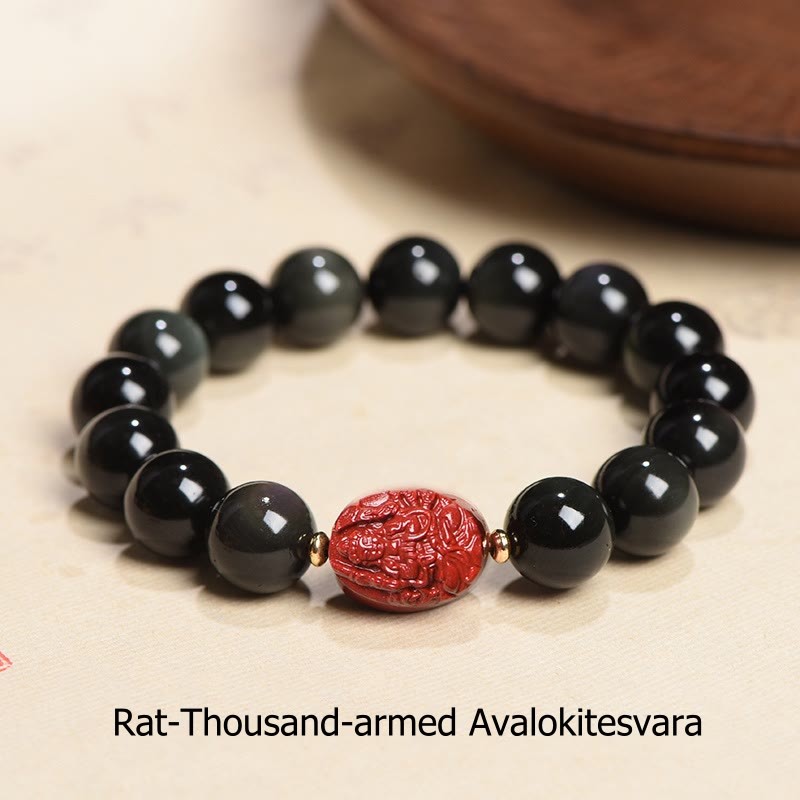 Chinese Zodiac Natal mystic zen Natural Black Obsidian Cinnabar Purification Bracelet