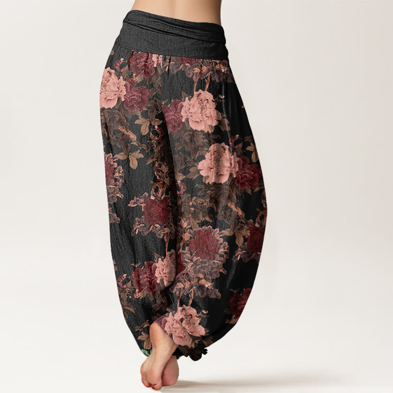 Casual Lush Peony Flowers Leaf Pattern Women's Elastic Waist Harem Pants