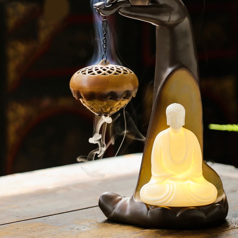 Led mystic zen Hand Backflow Smoke Fountain Healing Ceramic Stick Incense Burner Decoration