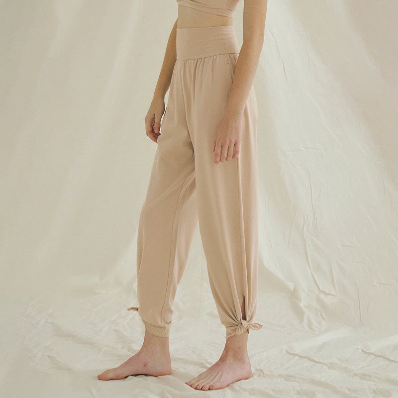 Casual Loose Tie-down Hem Plain High Waist Women's Leica Pants With Pockets