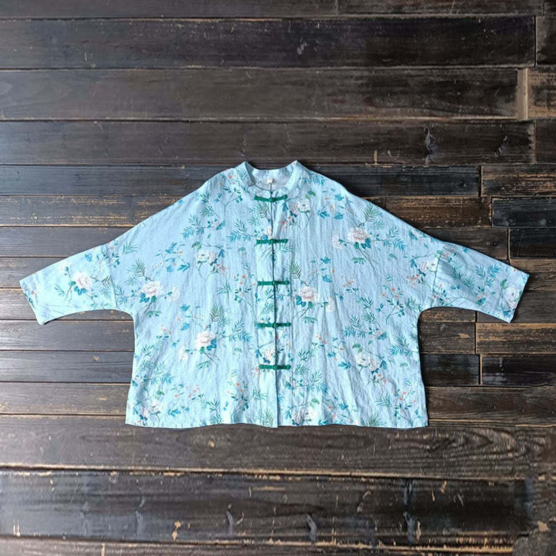 Light Green Pink Flowers Green Leaves Frog-Button Long Sleeve Ramie Linen Jacket Shirt