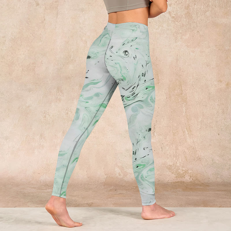 Honeydew Green White Flow Line Print Exercise Leggings Women's Yoga Pants