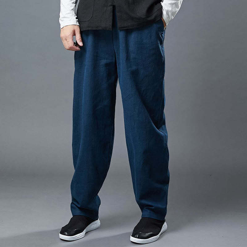 Plain Color Elastic Waist Ramie Linen Men's Pants With Pockets