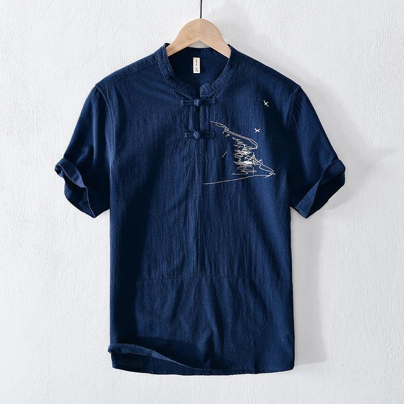 Frog-button Mandarin Collar Embroidery Cotton Linen Short Sleeve Men's Shirt