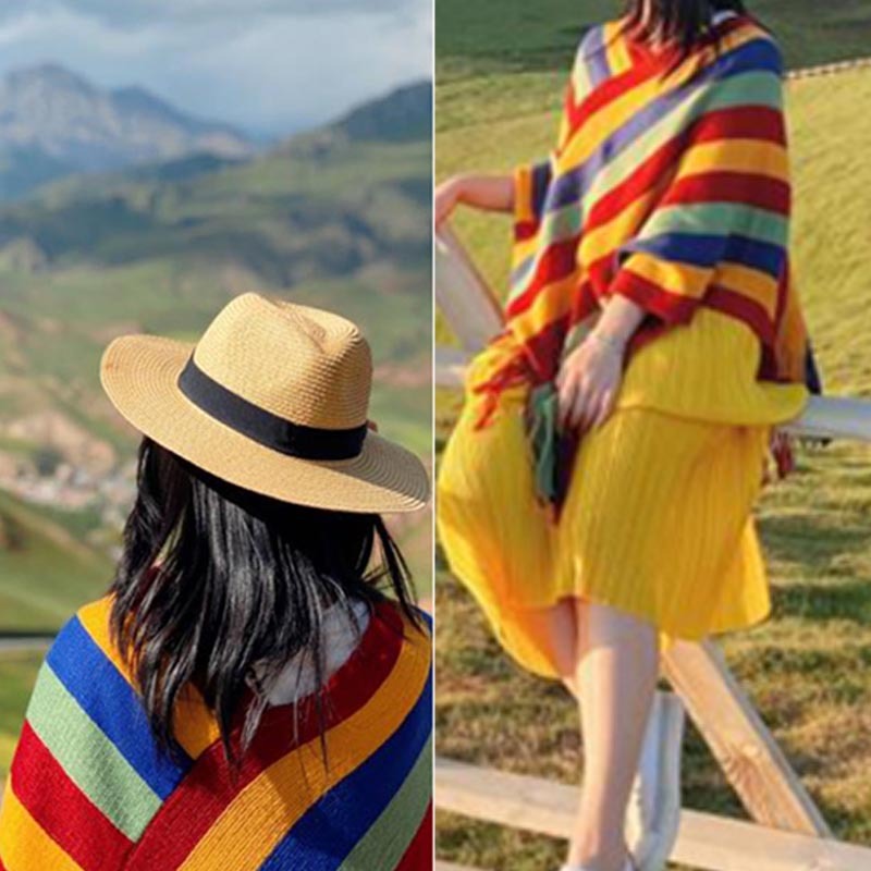 Tibetan Colorful Striped Design Shawl Tassels Pullover Winter Cozy Travel Scarf Wrap