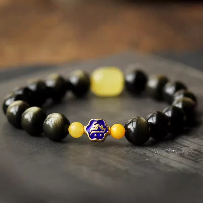 925 Sterling Silver Chinese Zodiac Natal mystic zen Natural Gold Sheen Obsidian Amber Wealth Protection Bracelet