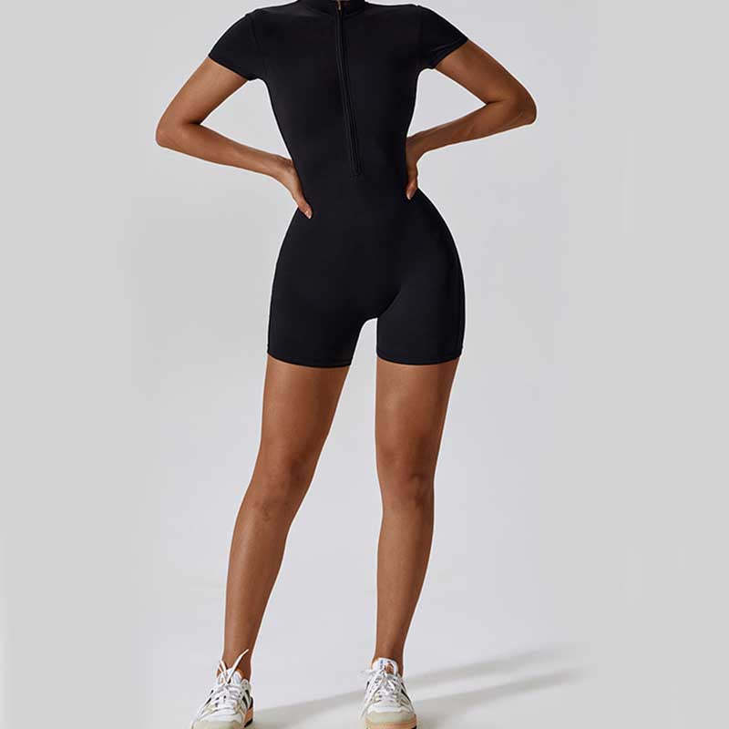 High Stretch Zipper Short Sleeve Jumpsuit Sports Fitness Yoga Women Bodysuit