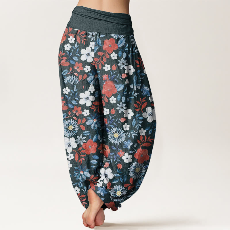 Casual Red White Flower Dandelion Design Women's Elastic Waist Harem Pants