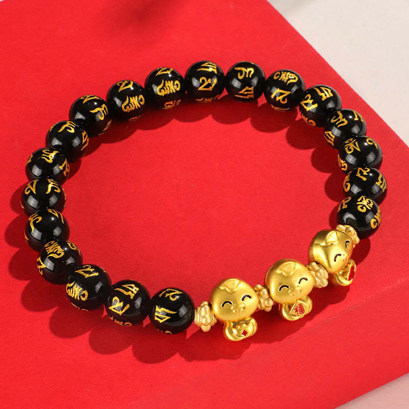 Red Agate Black Onyx Bead Copper Year Of The Snake Fu Character Om Mani Padme Hum Happiness Bracelet