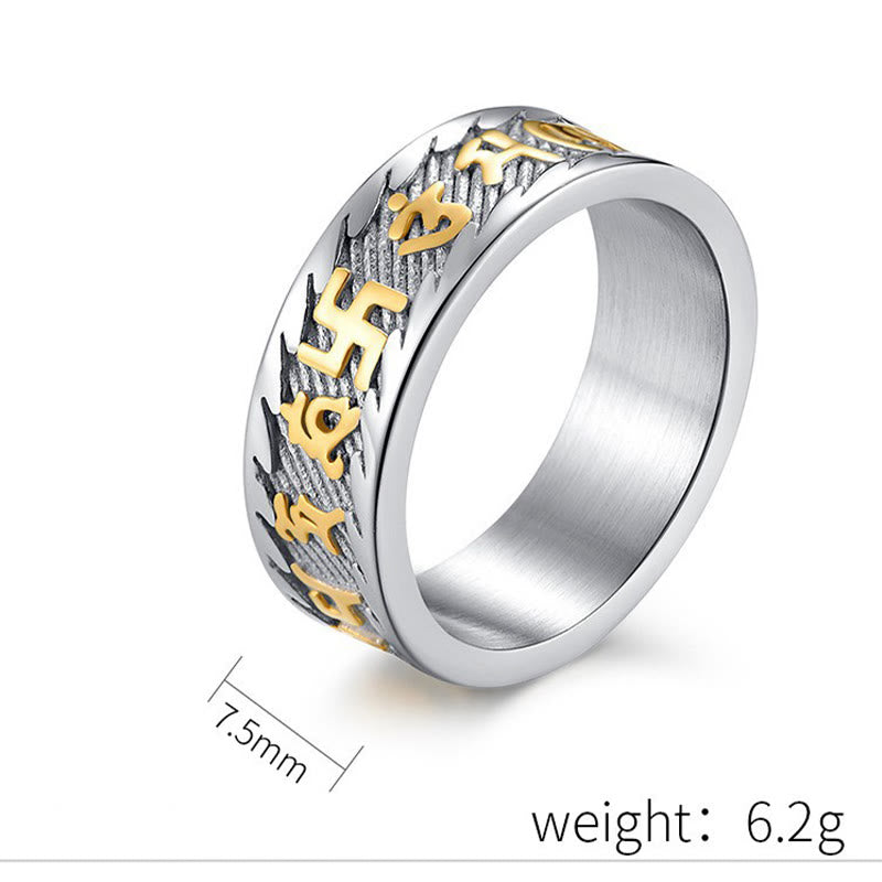 Six True Words Om Mani Padme Hum Swastika Titanium Steel Peace Ring