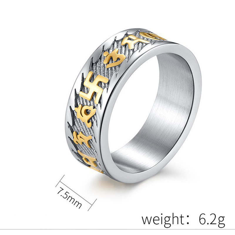 Six True Words Om Mani Padme Hum Swastika Titanium Steel Peace Ring
