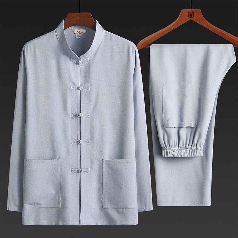 2Pcs Tang Suit Plain Color Frog-Button Men's Long Sleeve Shirt Pants Set