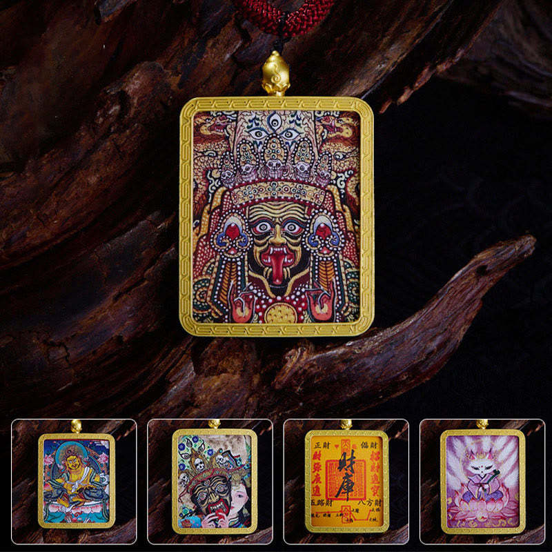 Tibetan Zakiram Nine-Tailed Fox Yellow God of Wealth Painted Thangka Hope Necklace Pendant