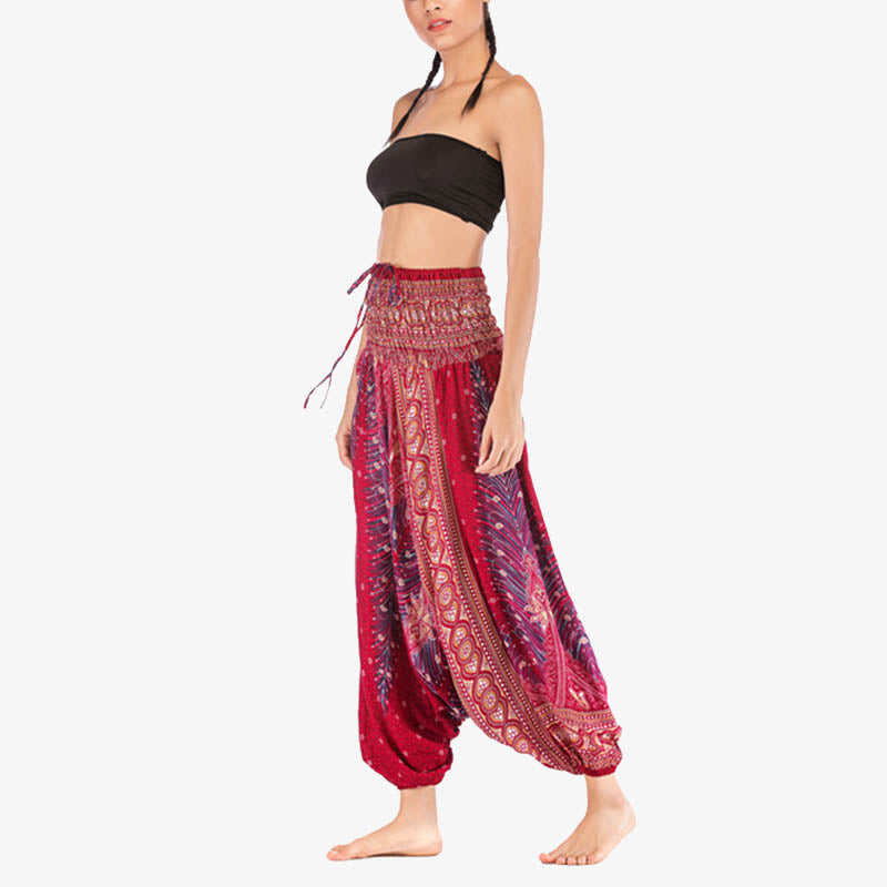 Two Style Wear Feathers Geometric Pattern Loose Smocked Trousers Jumpsuit Women's Yoga Pants