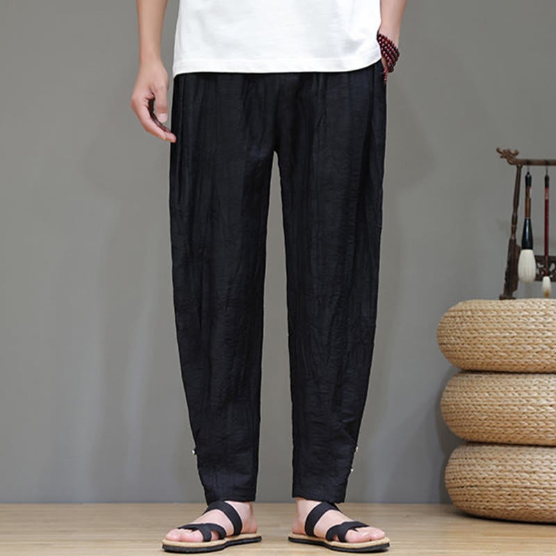 Bamboo Ankle Frog-button Drawstring Men's Pants With Pockets