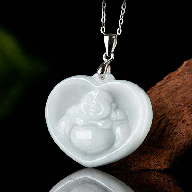 925 Sterling Silver Laughing mystic zen White Jade Luck Blessing Necklace Pendant