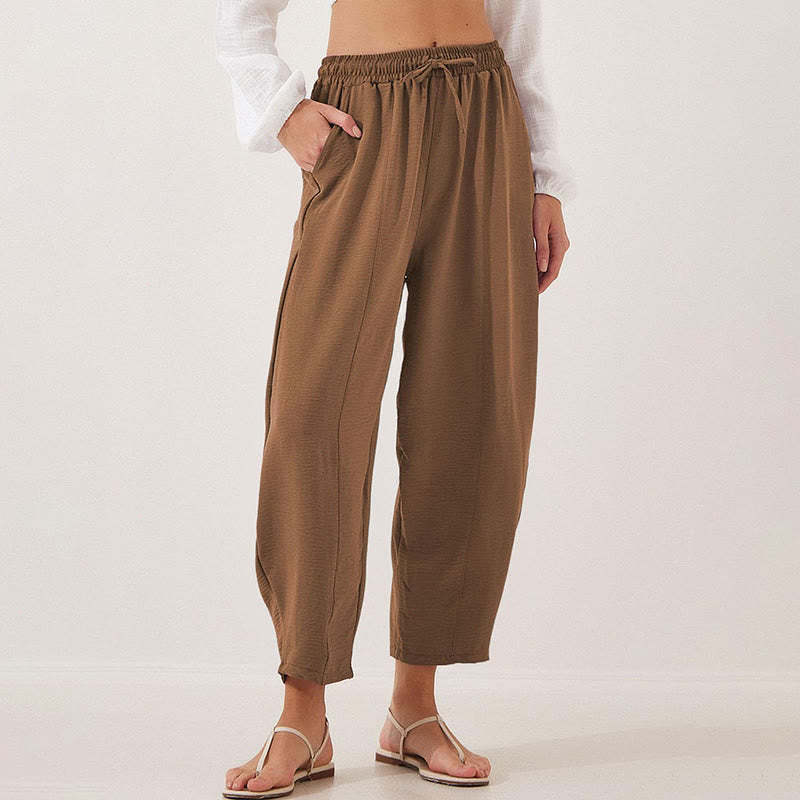Casual Plain Loose Drawstring Women's Polyester 7/8 Length Pants  With Pockets