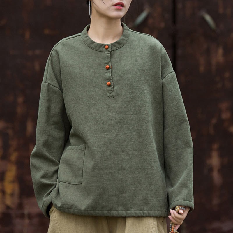Retro Solid Color Thermal Long Sleeve Ramie Linen Women's Shirt