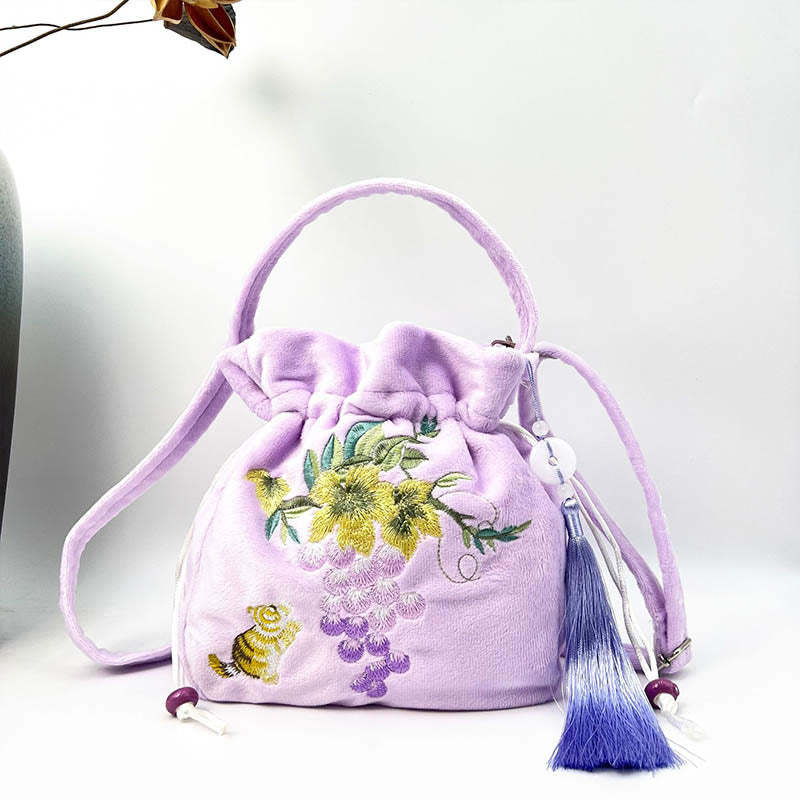 Embroidered Osmanthus Peony Grape Cat Cotton Linen Tote Crossbody Bag Shoulder Bag Handbag
