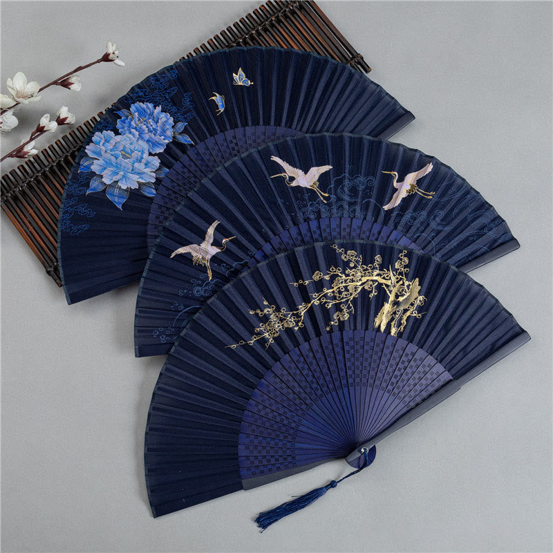 Crane Dragonfly Lotus Peony Plum Blossom Butterfly Handheld Silk Bamboo Folding Fan 22.5cm