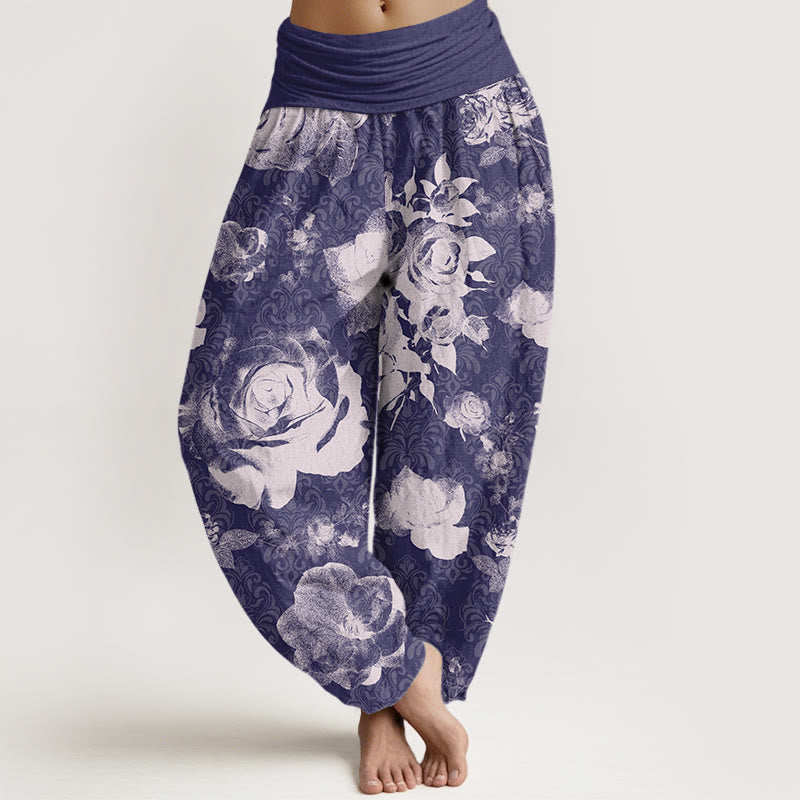 Casual White Roses Women's Elastic Waist Harem Pants