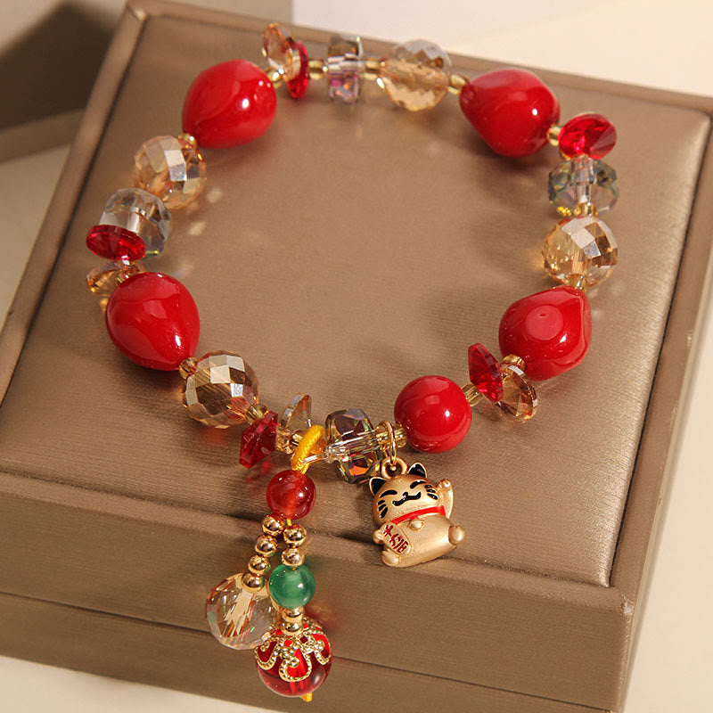 Red Stone Lucky Cat Rabbit Fu Character Fortune Bracelet