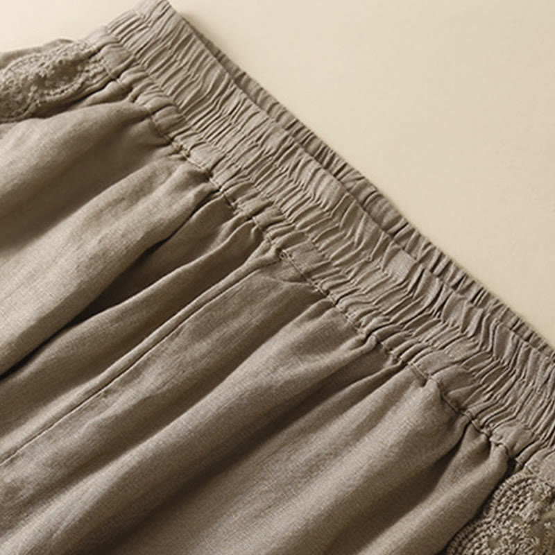 Plain Color Flower Embroidery Side Linen Women's Pants With Pockets