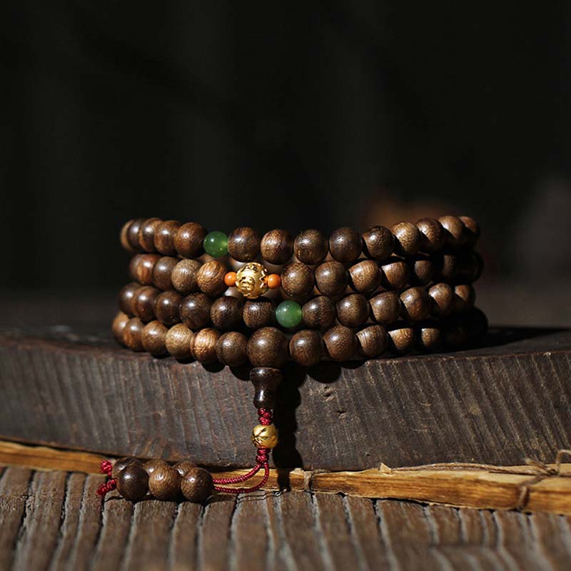 999 Gold 108 Mala Beads Kalimantan Agarwood Cyan Jade Six True Words Strength Bracelet