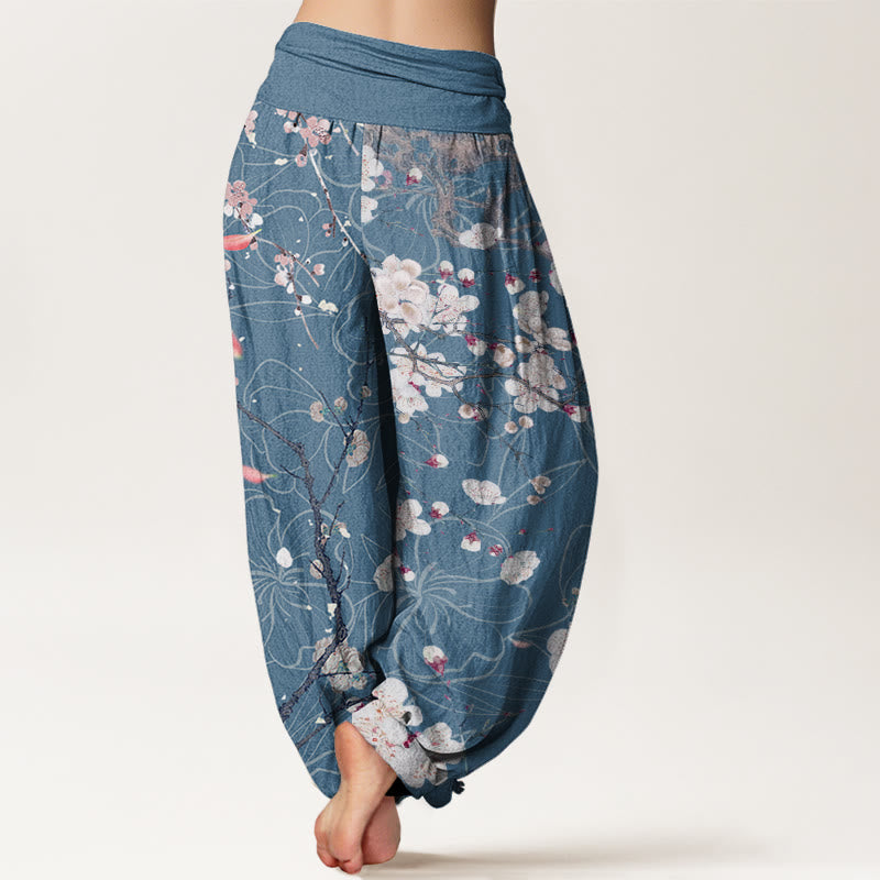 Casual White Plum Blossom Tree Trunk Women's Elastic Waist Harem Pants