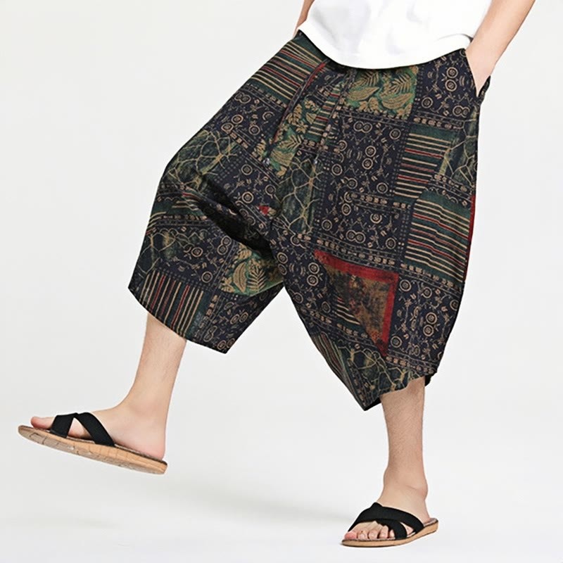 Ethnic Pattern Drawstring 7-8 Length Cotton Men's Harem Pants With Pockets